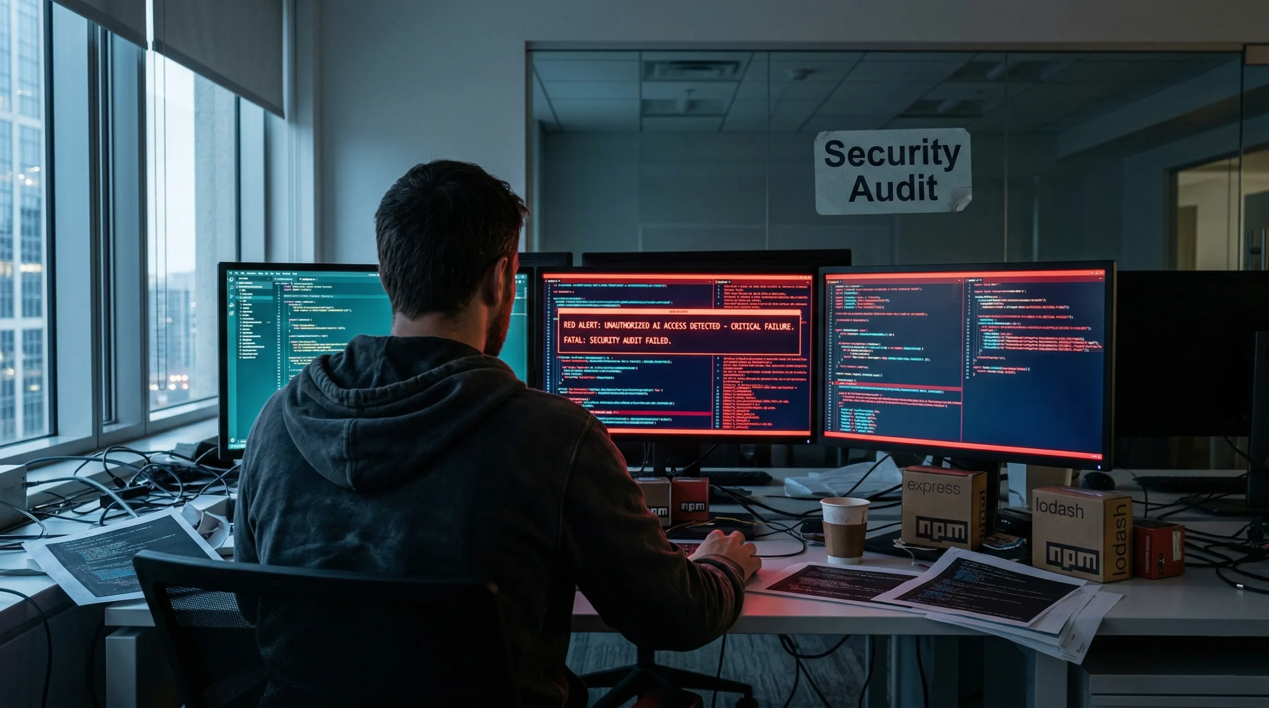 深夜工程师背影面对多屏告警界面,代码文件散落桌面,暮夜深钢蓝色调。来源:投黑马 Touheima.com