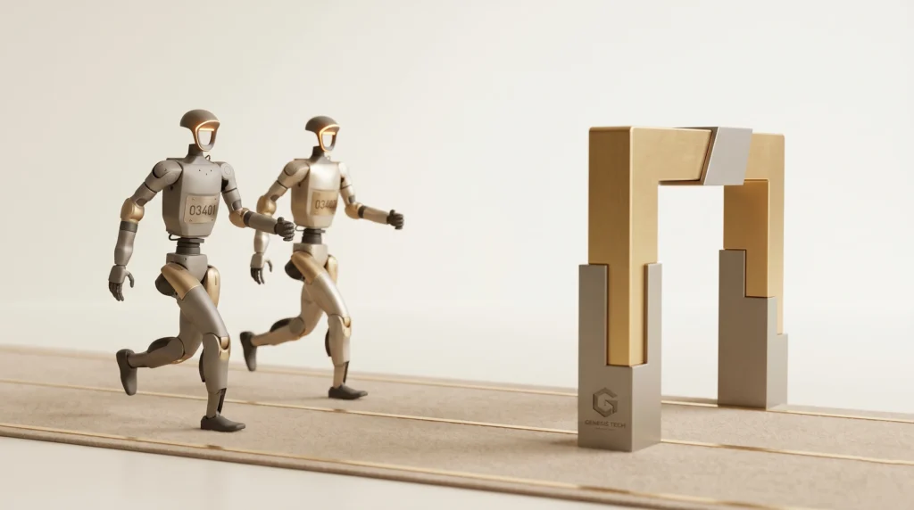 工程师凝视着播放人类装配动作的视频屏幕，背后是暖光下的工业车间。来源：投黑马 Touheima.com