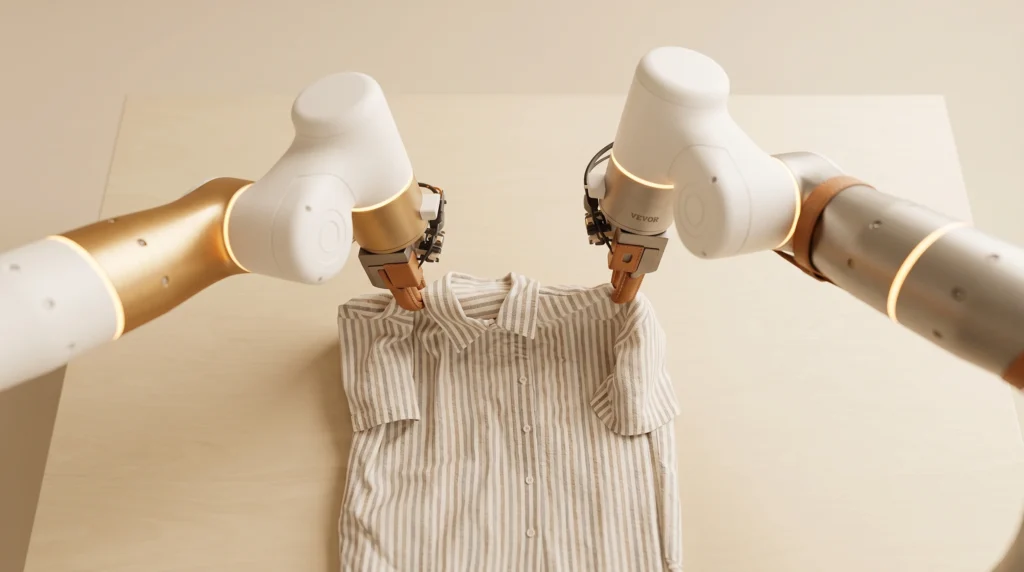 工程师凝视着播放人类装配动作的视频屏幕，背后是暖光下的工业车间。来源：投黑马 Touheima.com