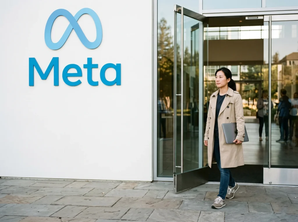 加州门洛帕克Meta园区外部，亚洲女性员工手持笔记本电脑走出玻璃大门，神情平静，背景为Meta标志性的「Meta」蓝色字样logo墙，午后自然光，构图留白充裕，4:3