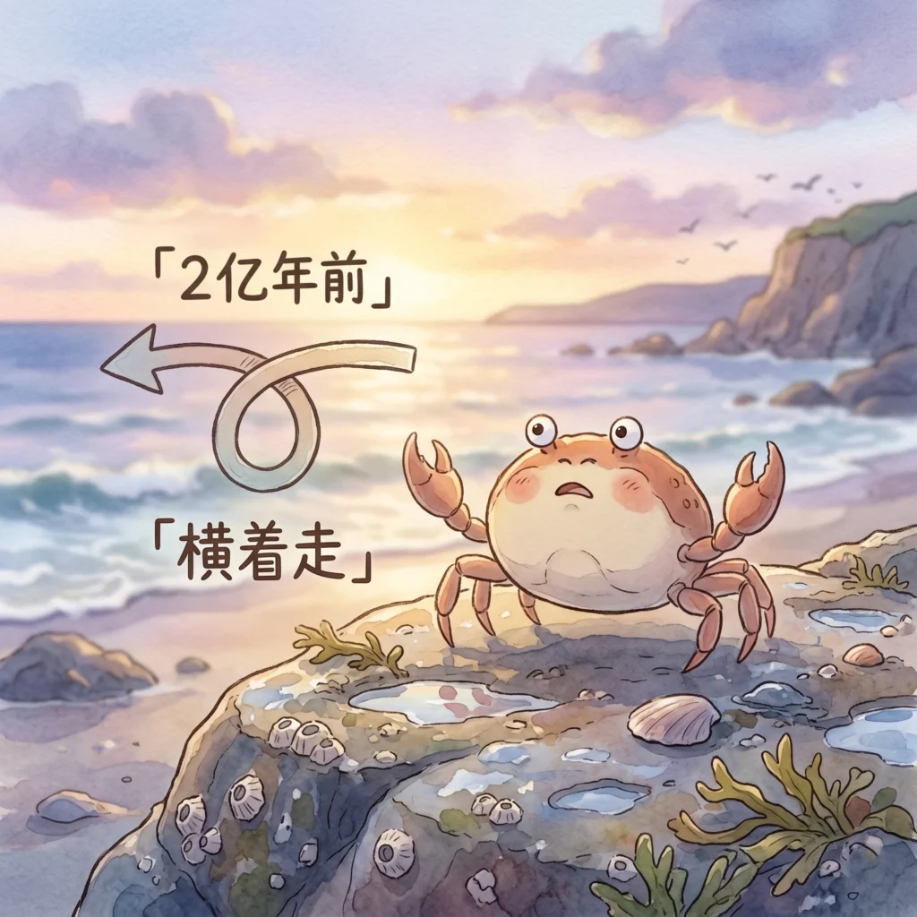 吉卜力风格手绘插图，一只表情困惑的螃蟹站在岩石上横向移动，象征2亿年前的进化遗产。来源：投黑马 Touheima.com