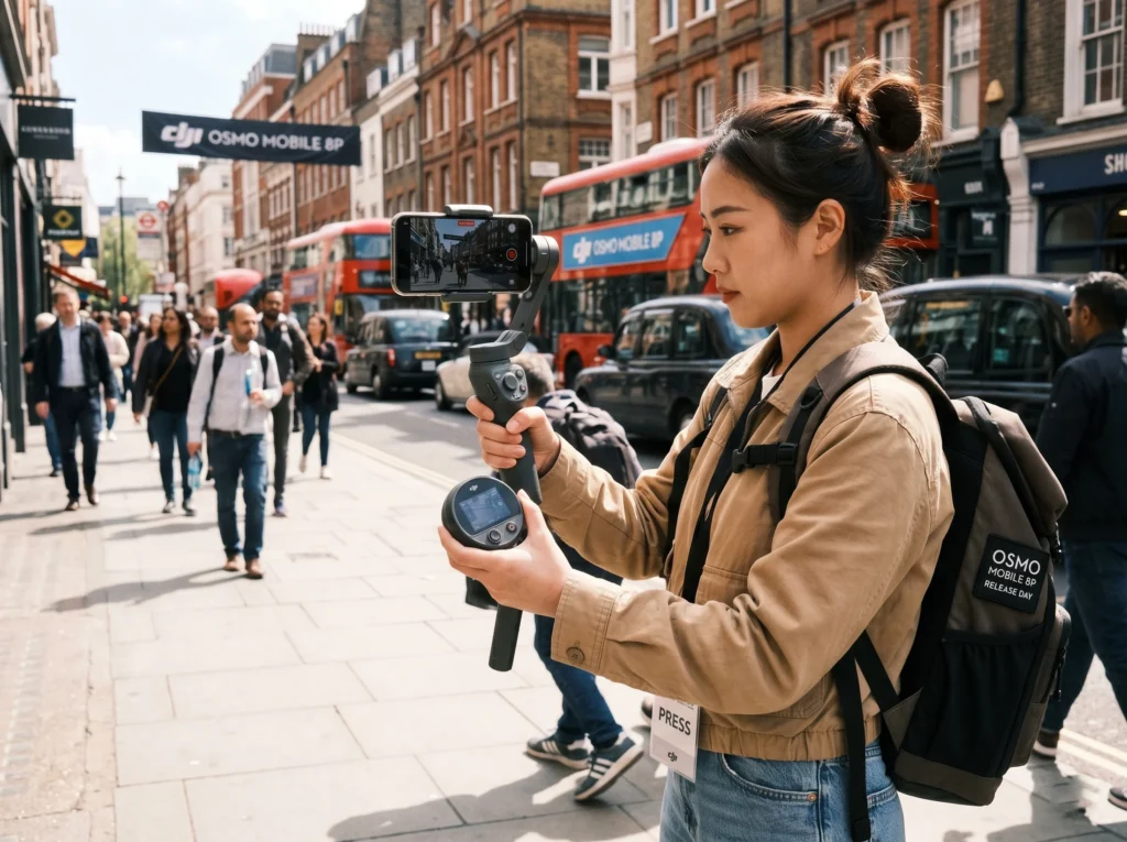 创作者使用DJI Osmo Mobile 8P手持稳定器，可拆卸显示模块变身遥控器，现代内容创作场景。来源：投黑马 Touheima.com