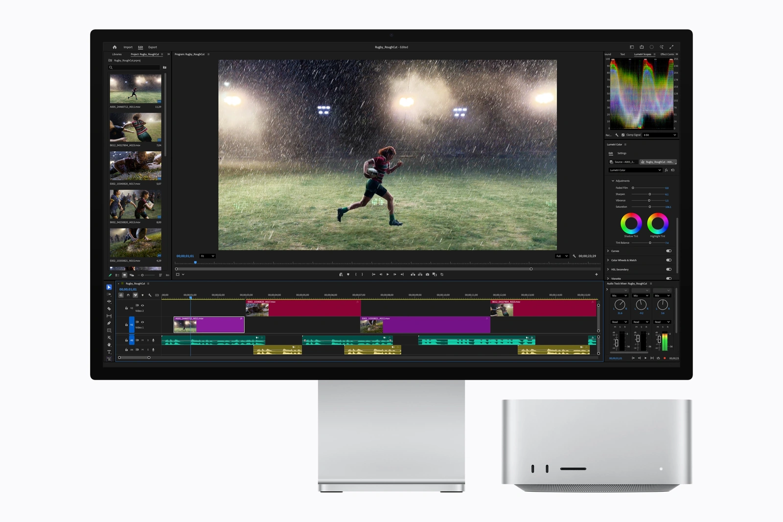 搭载M5 Ultra的Mac Studio官方产品图,画面为Premiere Pro工作流示意。来源:Apple