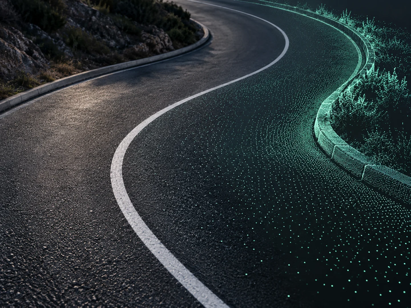 AI概念图:弯曲道路的车道线与路缘由绿色点云呈现,表现空间感知。来源:投黑马 Touheima.com
