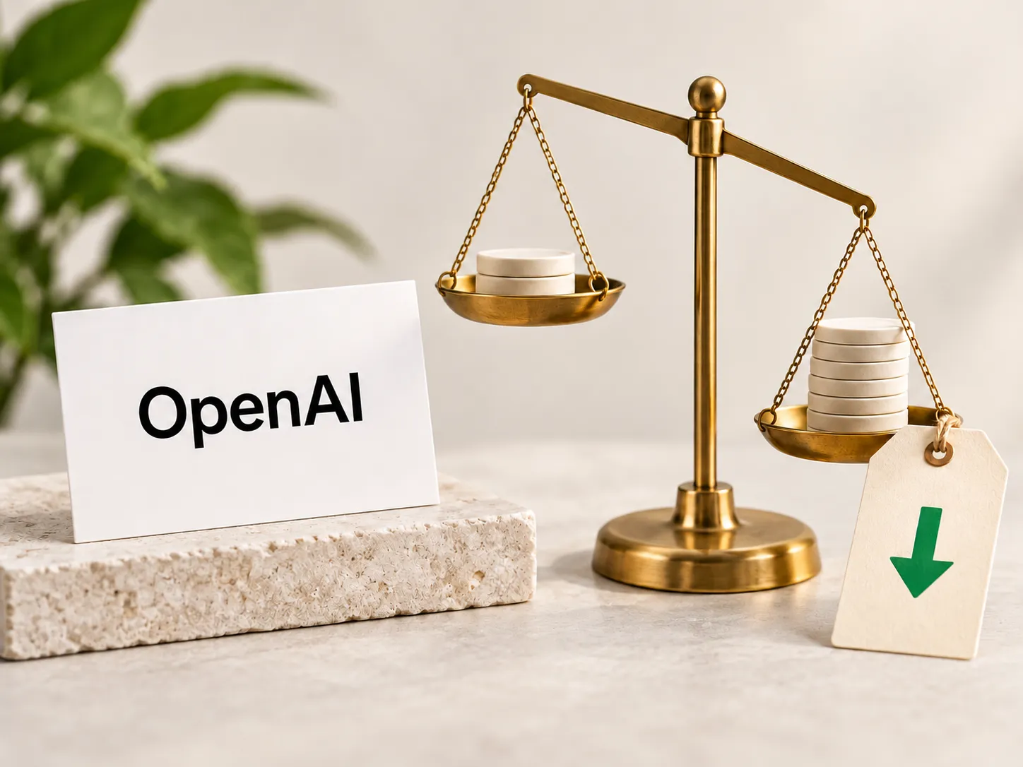 AI生成概念图：OpenAI字标旁的天平与向下箭头。来源：投黑马 Touheima.com