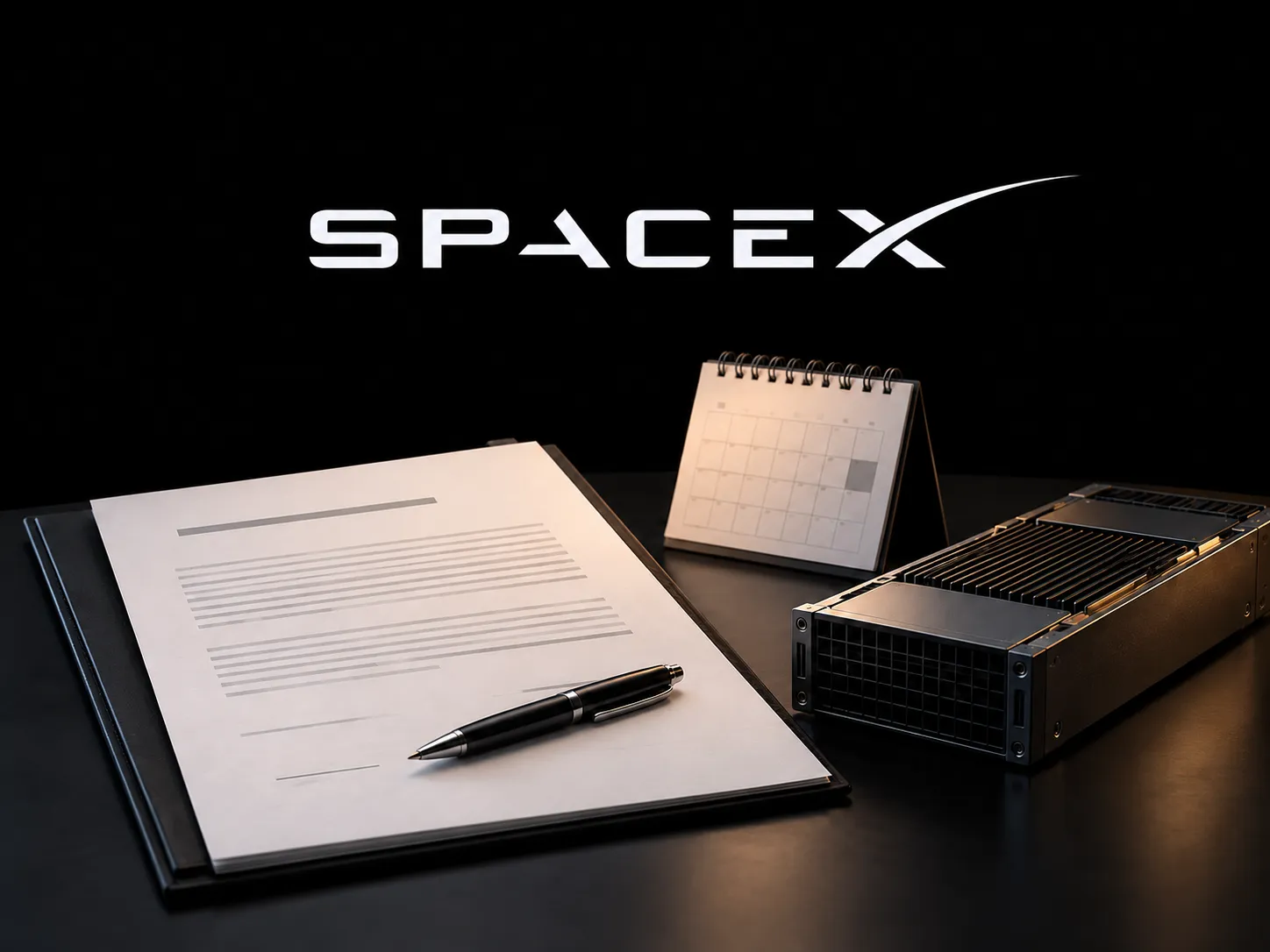 AI生成概念图：SpaceX字标旁摆放文件、日历和计算设备。来源：投黑马 Touheima.com