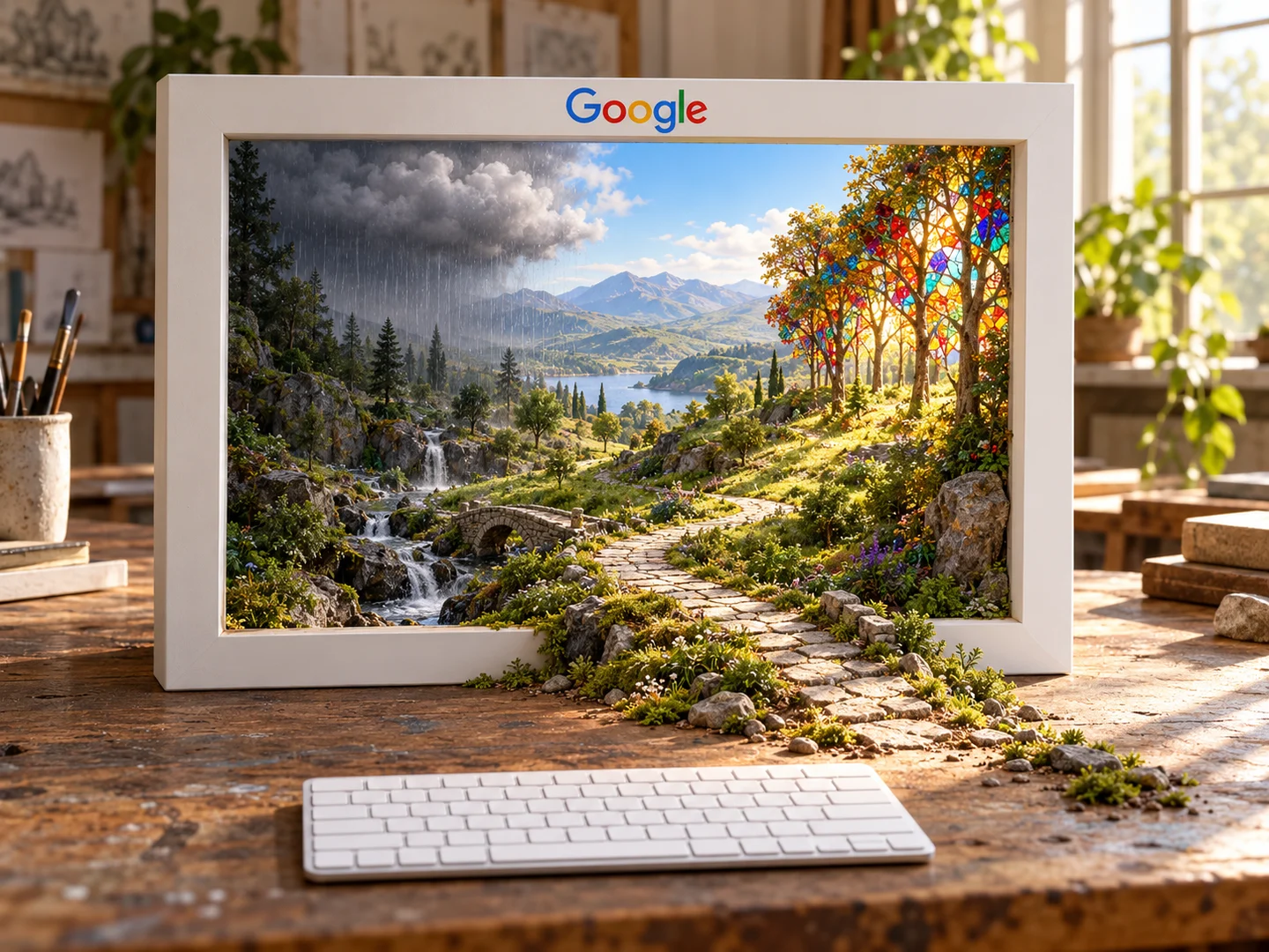 AI生成概念图:Google标识画框中的山谷小路延伸到桌面,一侧下雨、一侧晴朗。来源:投黑马 Touheima.com