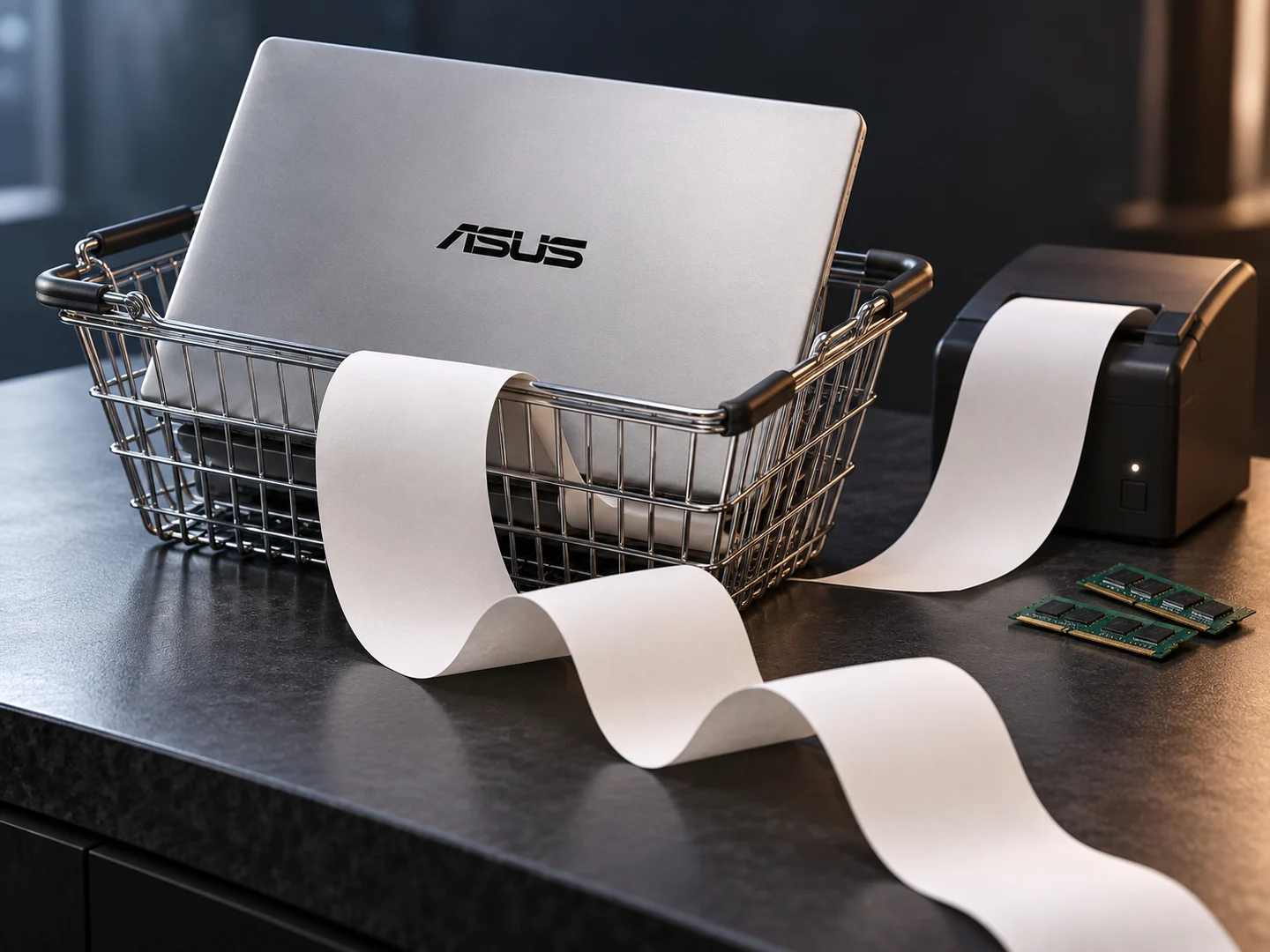AI生成概念图:ASUS标识笔电放在购物篮中,旁边是内存条和不断延长的空白收据。来源:投黑马 Touheima.com