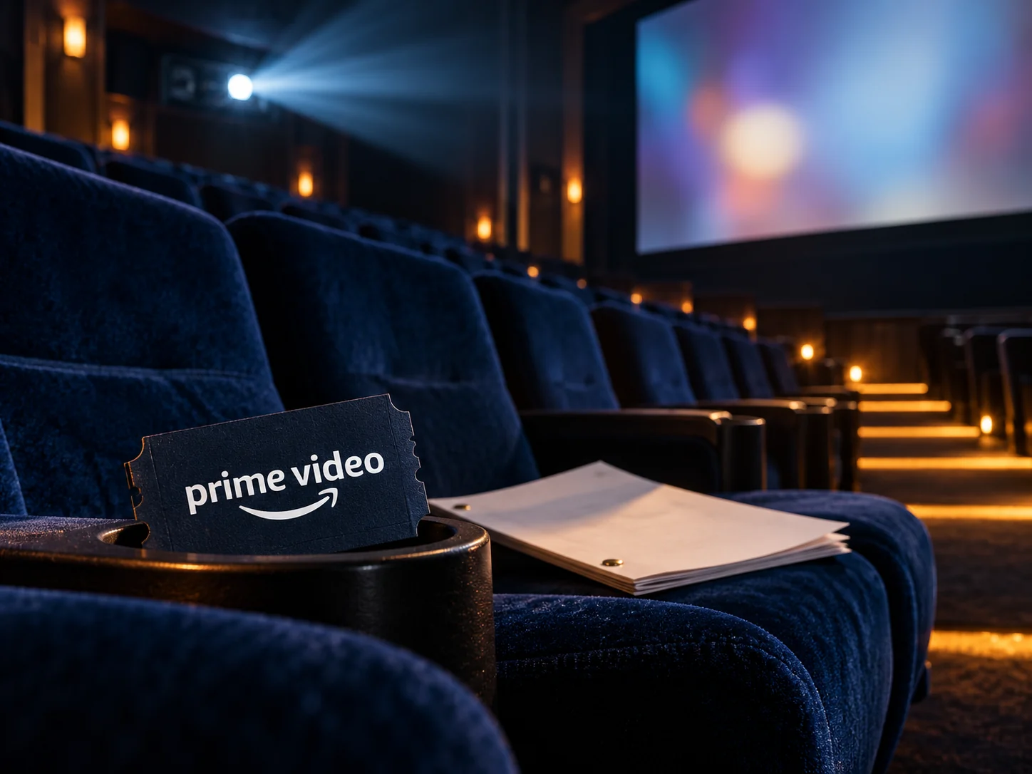 Prime Video品牌票卡、空座位与剧本，AI生成概念图。来源：投黑马 Touheima.com