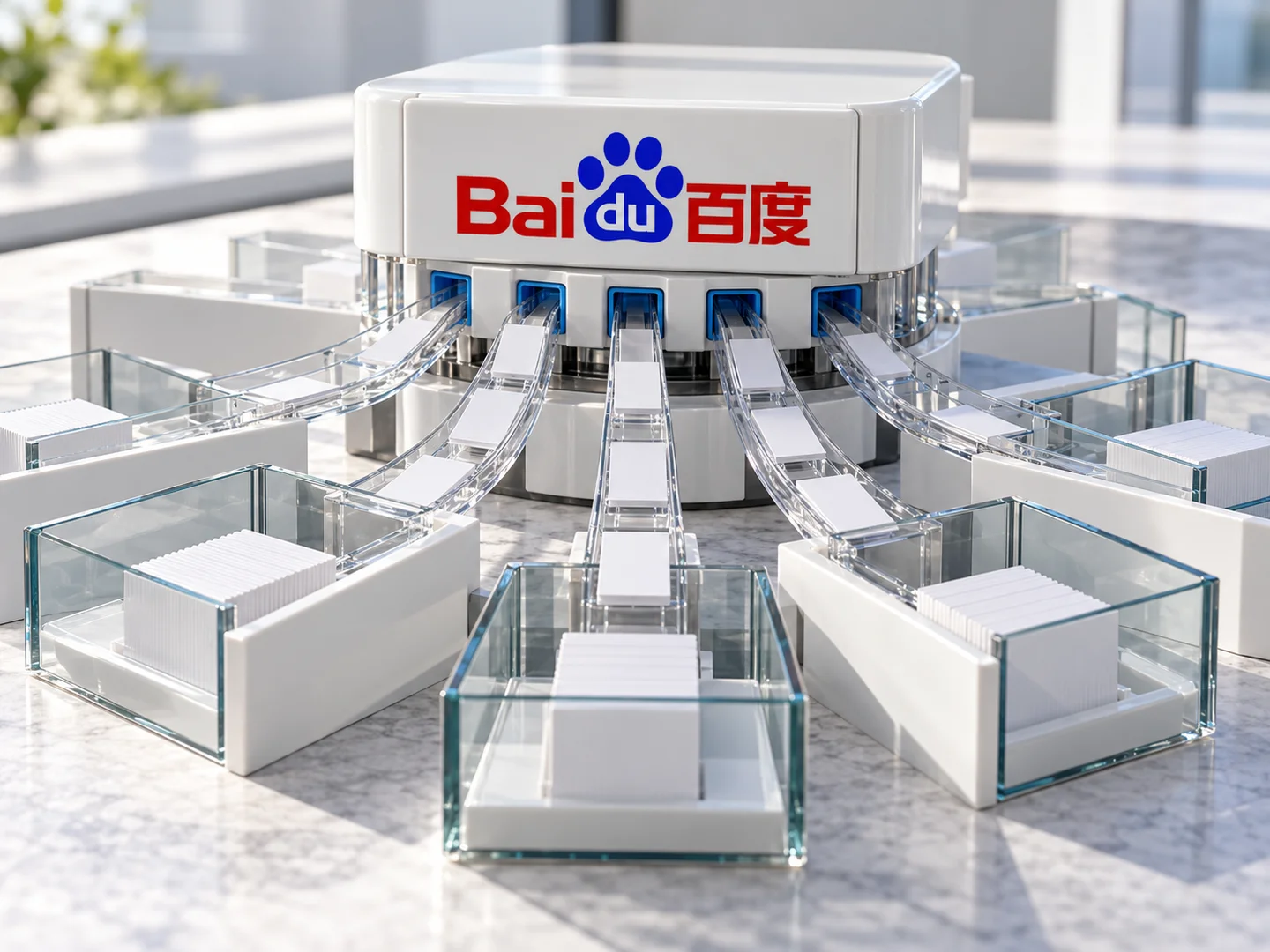 百度标识的分发装置向多个分区传送信息卡片。AI生成概念图。来源：投黑马 Touheima.com